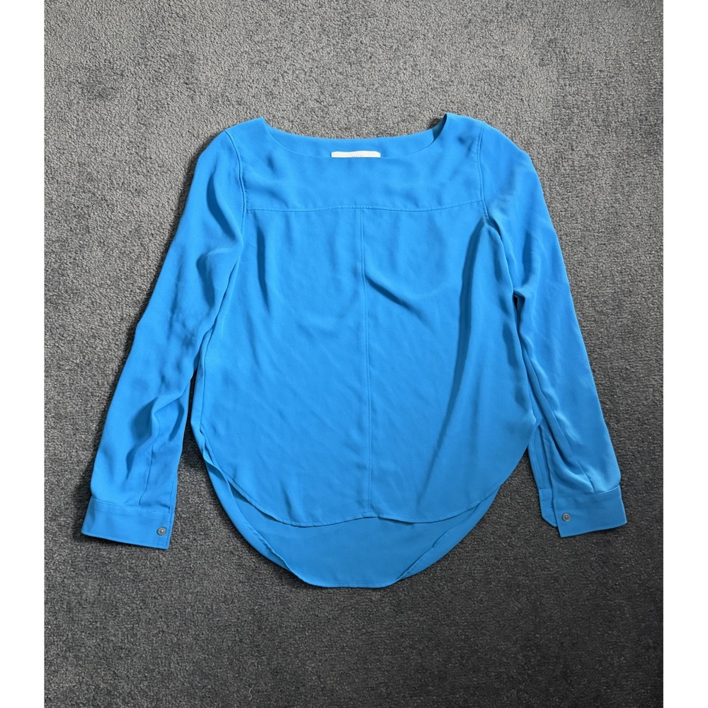 Ann Taylor Loft Petite XSP Blue Long Sleeve Boat Neck High-Low Blouse Top